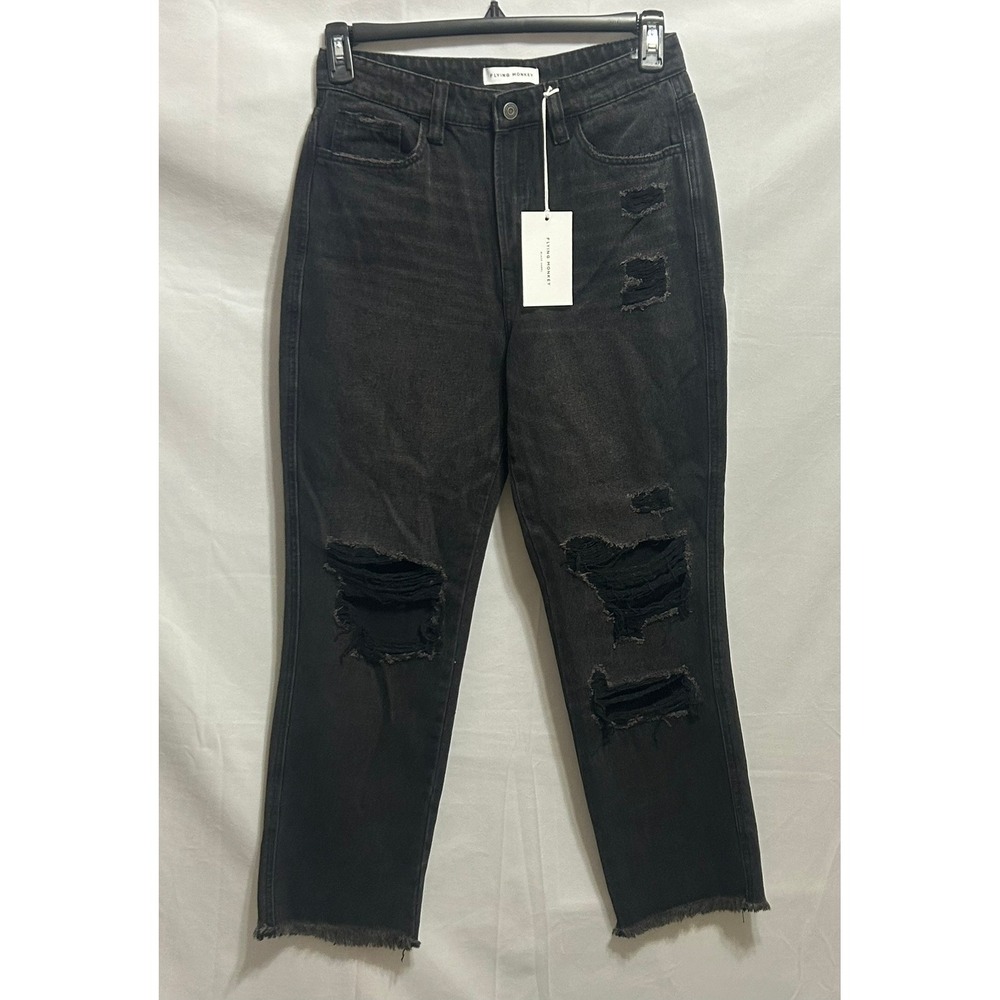 NWT Flying Monkey Women 28 Black Label Distressed High Rise Straight Leg Jeans